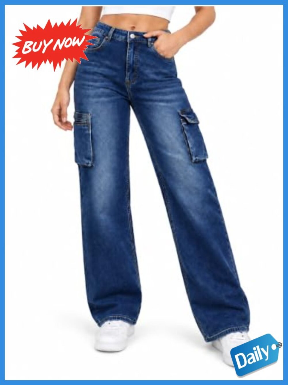 High Waisted Baggy Straight Leg Cargo Jeans Stretch Denim Utility Pants